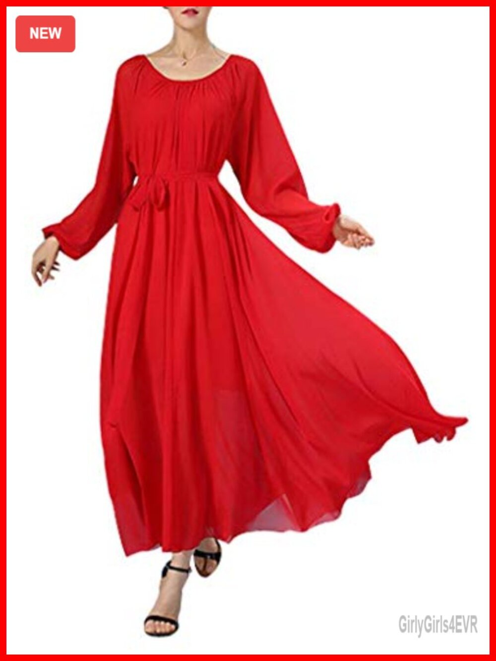 Women's Long Sleeve Crew Neck Chiffon Maxi Dress with Belt
